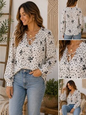 ZARA Basic Star Floral Smocked Blouse Black White M